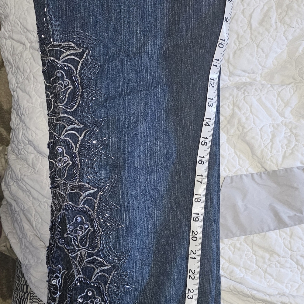 Boston Proper Dark Blue Denim Jeans Pants embroidered floral Sequins Sz 16 - Picture 7 of 10